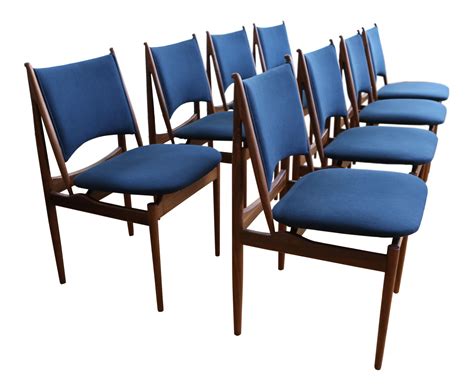 Mid Century Modern Teak Dining Chairs in Navy Blue - Set of 8 | Chairish