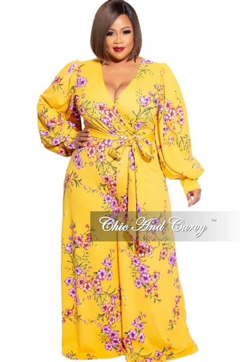 New Plus Size Faux Wrap Jumpsuit With Tie In Yellow Floral Print