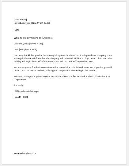 Holiday Closing Announcement Letters Word And Excel Templates