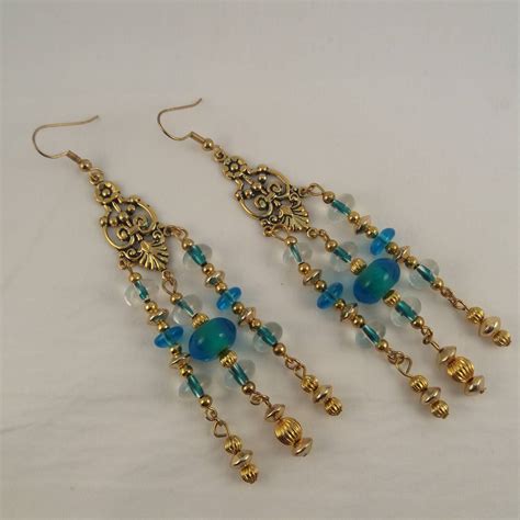 Gold Chandelier Earrings Turquoise Glass Bead Gold Earrings Prom