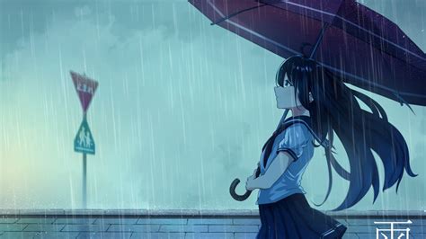 Wallpaper Schoolgirl Umbrella Rain Anime Hd Picture Image