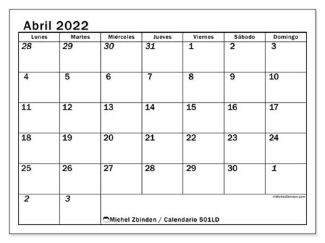 Calendario Abril De 2022 Para Imprimir “501ld” Michel Zbinden Cl