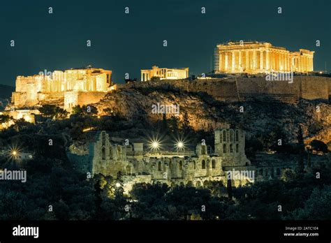 Night View Of The Acropolis Athens Greece Ancient Greek Structures