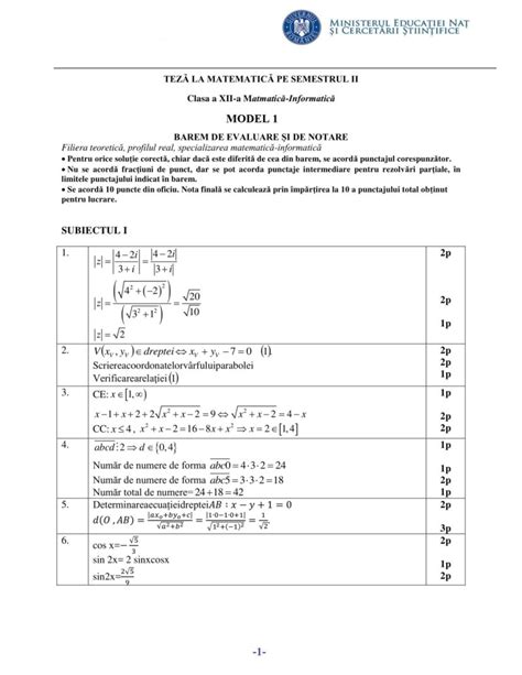 Clasa A 12 A M1 Modele De Teza La Matematica Semestrul Al Ii Lea An