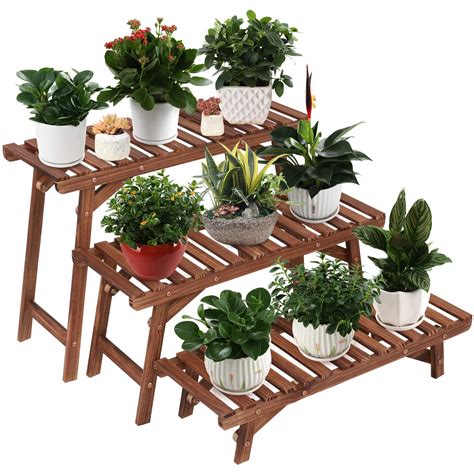 Ufine Freestanding 3 Tier Ladder Shelf Wood Plant Stand Indoor Outdoor