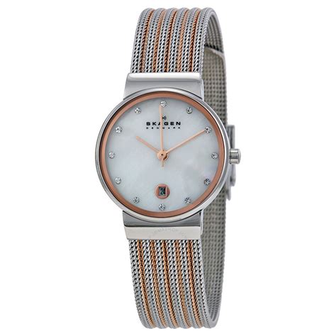 Skagen Mother Of Pearl Dial Two Tone Mesh Ladies Watch 355ssrs Other