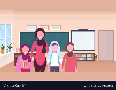 Female Teacher With Arab Pupils In Hijab Standing Vector Image