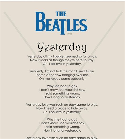 Yesterday Print The Beatles Beatles Lyrics From The Etsy