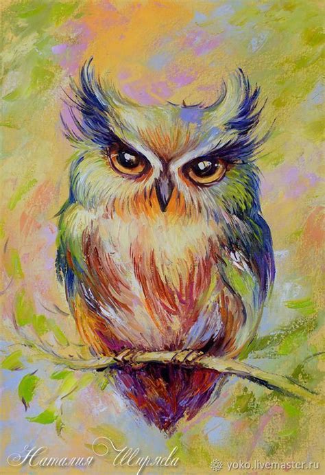 Pretty Colorful Owl Painting Big Eyed Fluffy Oil On Canvas On