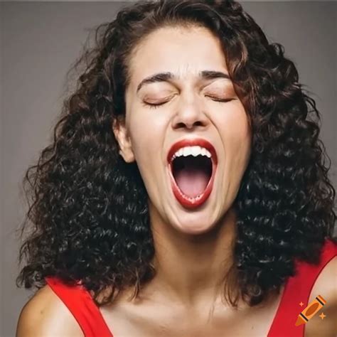 Close Up Of Emotional Woman With Head Thrown Back And Wide Open Mouth