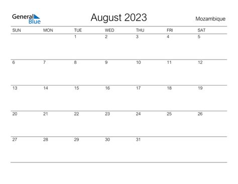 August 2023 Calendar With Mozambique Holidays