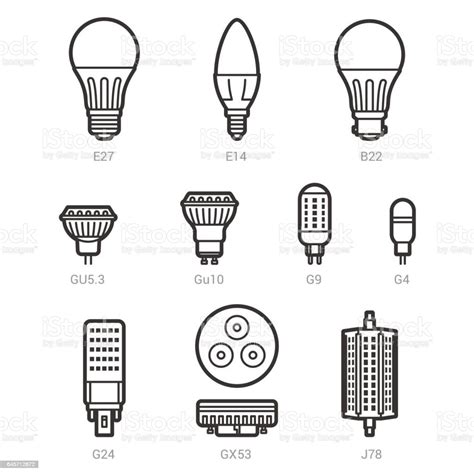 Led Light Lamp Bulbs Vector Outline Icon Set Stock Illustration