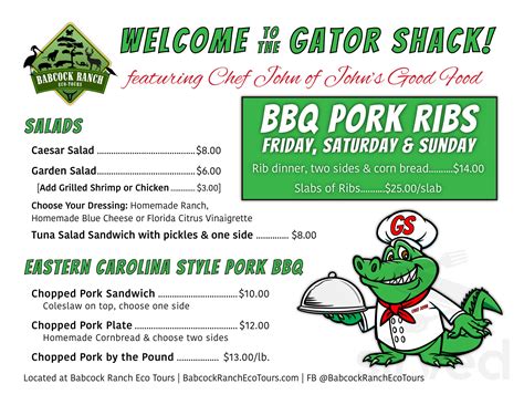 Sunday comfort at the ranch is available from 11 a.m. Gator Shack Restaurant at Babcock Ranch Eco Tours menu in Punta Gorda, Florida
