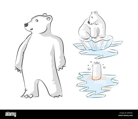 Hand Drawn Illustration And Drawing Of A Polar Bear On Melting Ice