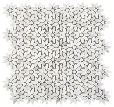 Flower pattern mosaic tile matching subway tiles, basketweaves, herringbone, hexagon tiles, borders, moldings and more Daisy Wild Carrara White Flower Pattern Marble Mosaic Tile ...