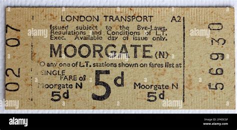 1950s London Transport Underground Or Tube Train Ticket From Moorgate
