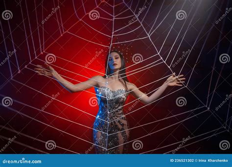 Fantasy Photo Of Spider Queen Woman In Shiny Silver Dress Touching