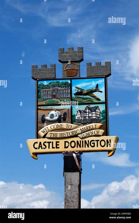 Village Sign Of Castle Donington Showing Its History With Racing Track Aircraft Production In