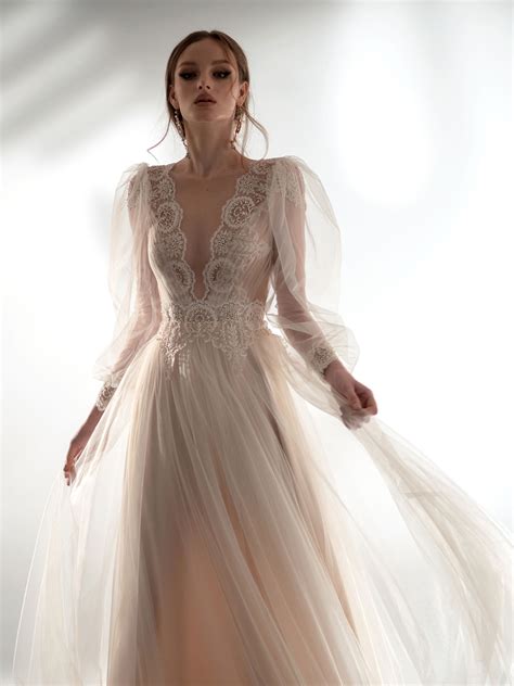 Puff Sleeve A Line Wedding Dress With V Plunging Neckline