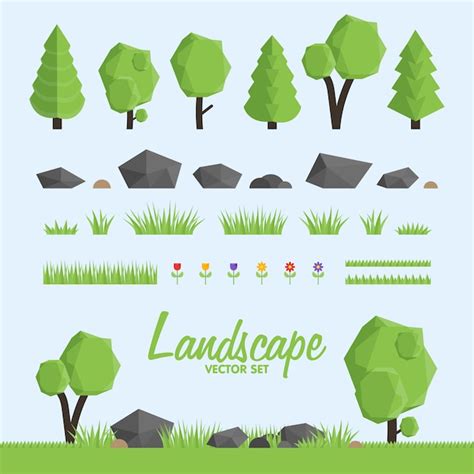 Premium Vector Landscape Constructor Icons Set Trees Stone And