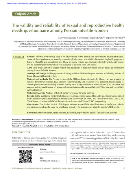 pdf the validity and reliability of sexual and reproductive health needs questionnaire among