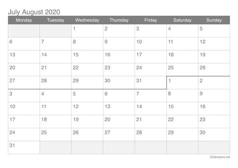 Print Calendar July August 2020 Calendar Printables Free Templates