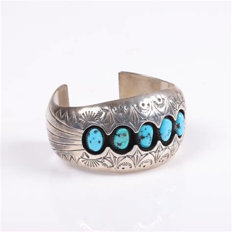 Lot Pauline Benally Native American Sterling Silver Shadowbox Turquoise Cuff Bracelet With
