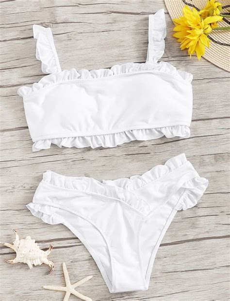 White Ruffle Bikini In 2020 Strap Bikini Set Ruffled Bikini Bikinis