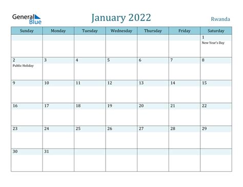 Rwanda January 2022 Calendar With Holidays