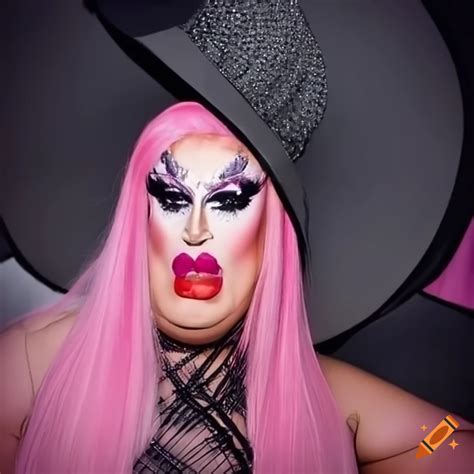 image of a drag queen in a black dress and pink hair