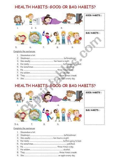 good habits and bad habits worksheet