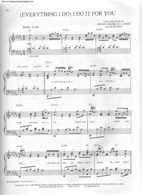 Everything I Do Free Sheet Music By Bryan Adams Pianoshelf