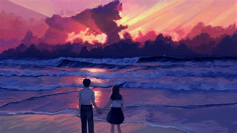 Anime Wallpaper Illustration Landscape Sea Sunset Painting