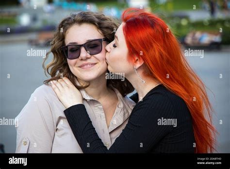 Two Beautiful Girls Kissing Smiling Hi Res Stock Photography And Images