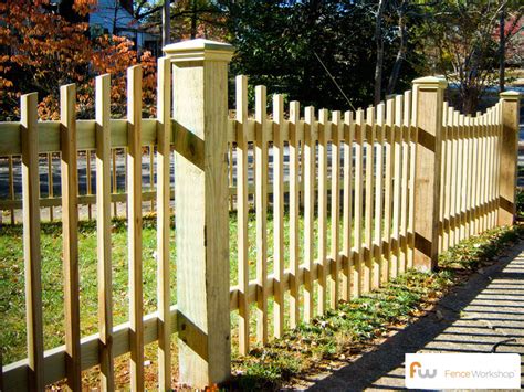 Wooden garden fencing ideas for fence installation london: The Sunset ™ Scalloped Wood Picket Fence | Pictures & Per Foot Pricing