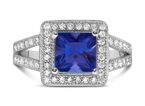 Designer Carat Princess Cut Blue Sapphire And Diamond Halo Engagement