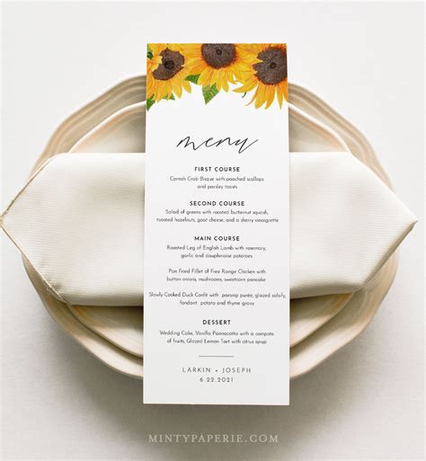 Example Of Free Sunflower Menu Template Wedding Dinner Menu Card