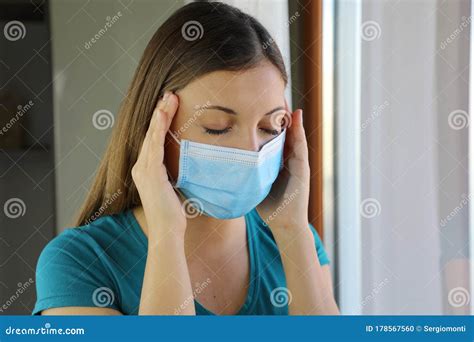 Covid 19 Pandemic Coronavirus Close Up Sick Woman Headache Home