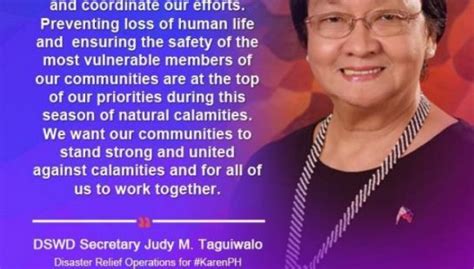 dswd sec judy m taguiwalo on disaster relief operations for karenph