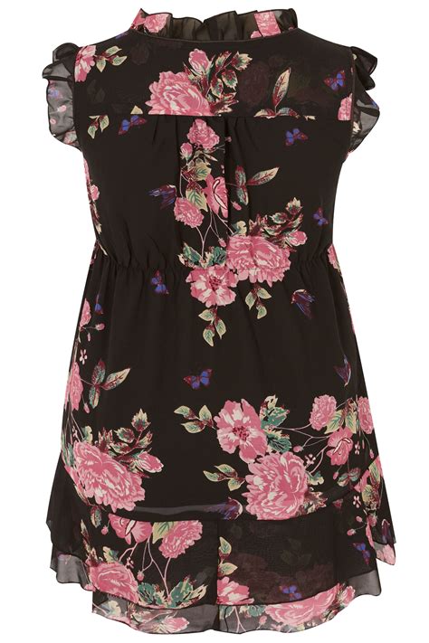 Black And Pink Floral Rose Print Top Plus Size 16 To 32
