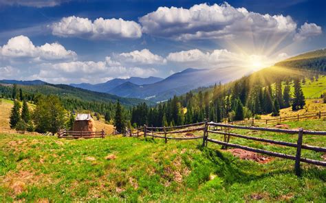 Scenery Mountains Grasslands Sky Spruce Clouds Fence Rays Of