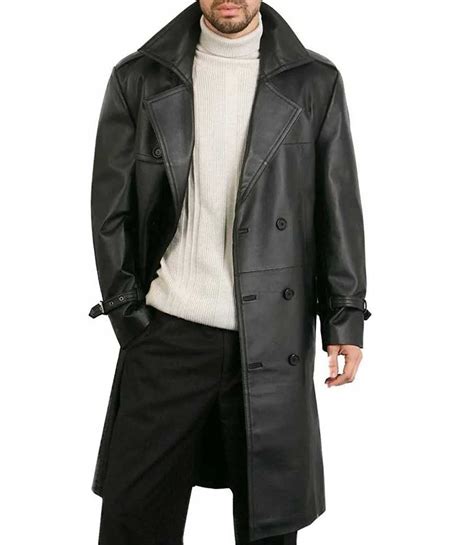Black Double Breasted Mens Leather Trench Coat Australia