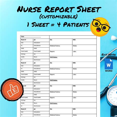 Nursing Report Sheet Template Customizable Nurse Report Etsy Nurse