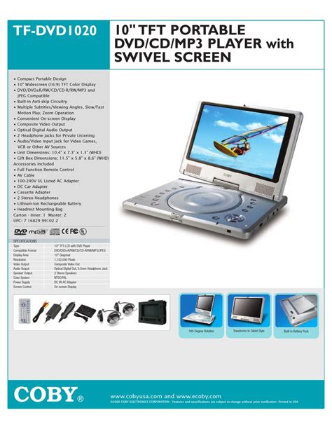 Coby Tf Dvd1020 Portable Dvd Player Specifications Manualslib