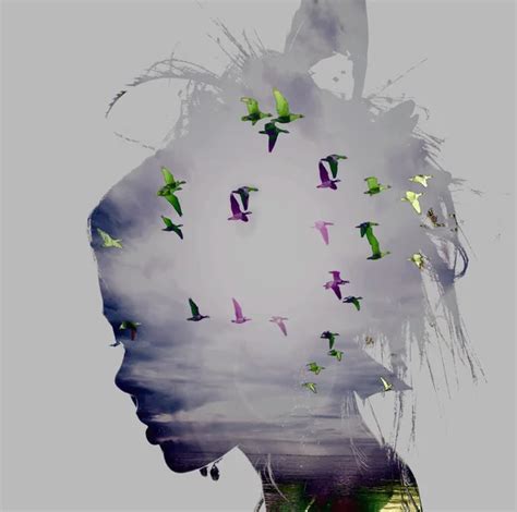 Womans Head And Birds Flying Double Exposure Freedom And Liberty