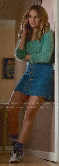 Wornontv Pattys Green Fluffy Sweater And Denim Skirt On Insatiable Debby Ryan Clothes And