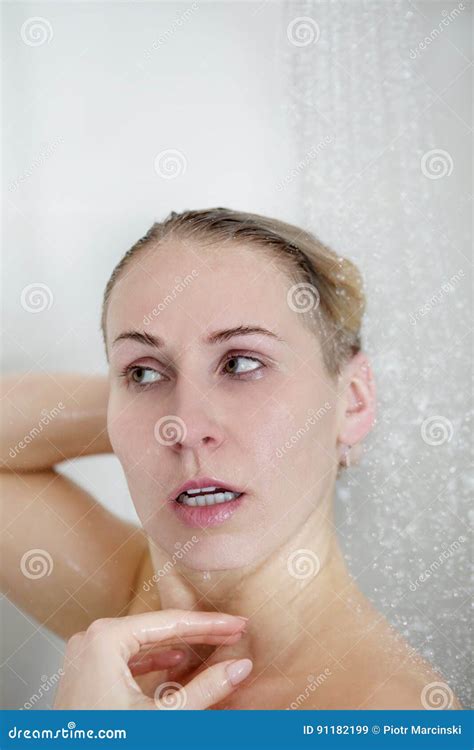Beautiful Naked Woman Washing Her Hair While Taking Shower Stock Image