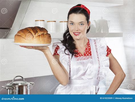 Cheerful Brunette Woman Baking Bread Stock Image Image Of Adult