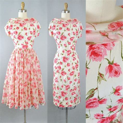 Vintage 50s Wiggle Full Skirt 2pc Dress Set 1950s Floral Roses Rose