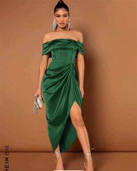 Emerald Green Off Shoulder Gown With Slit Womens Fashion Dresses